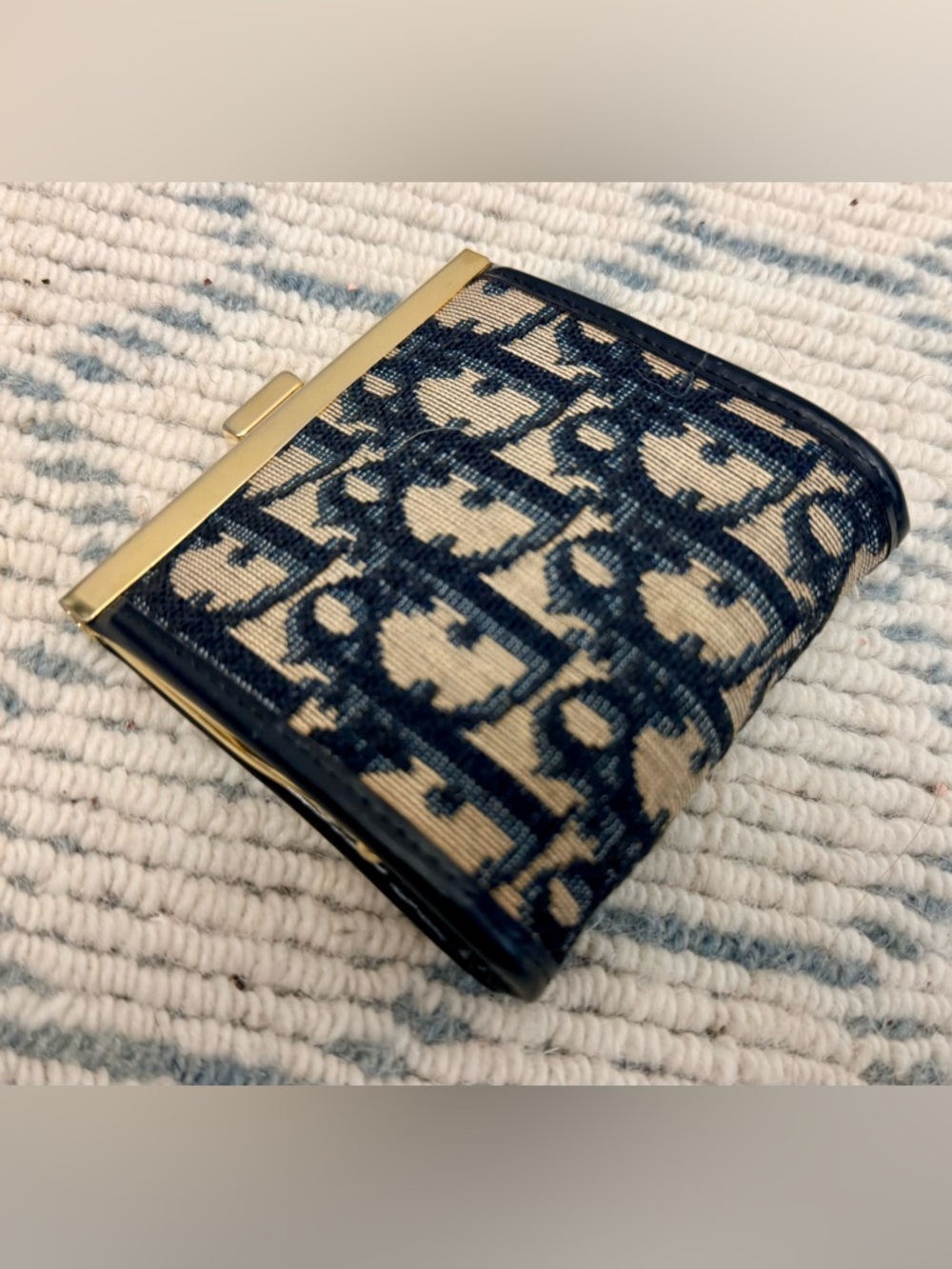 DIOR Vintage Rare Blue Trotter Monogram Canvas Kiss Lock Coin Purse W/ Gold - Picture 6 of 12